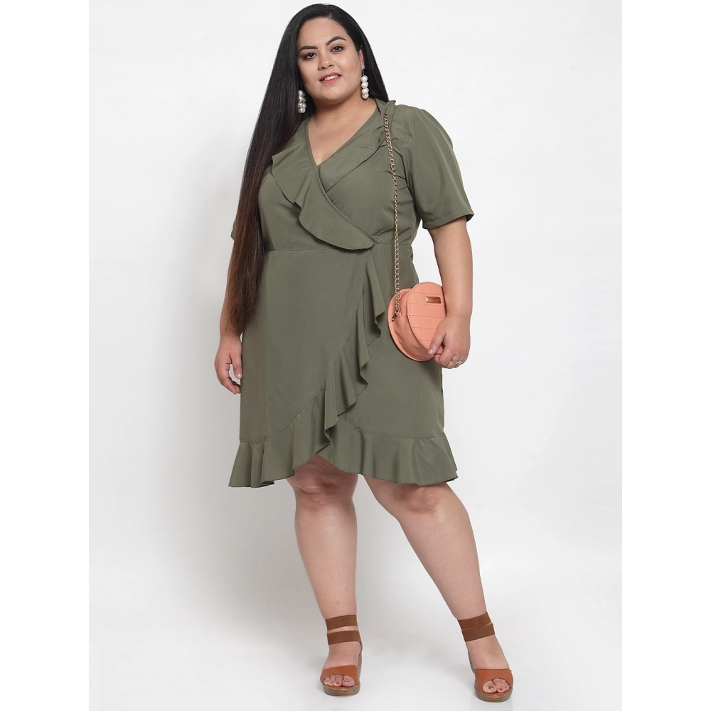 Women's Crepe Solid Knee Length Fit and Flare Dress (Olive Green) - Image 3