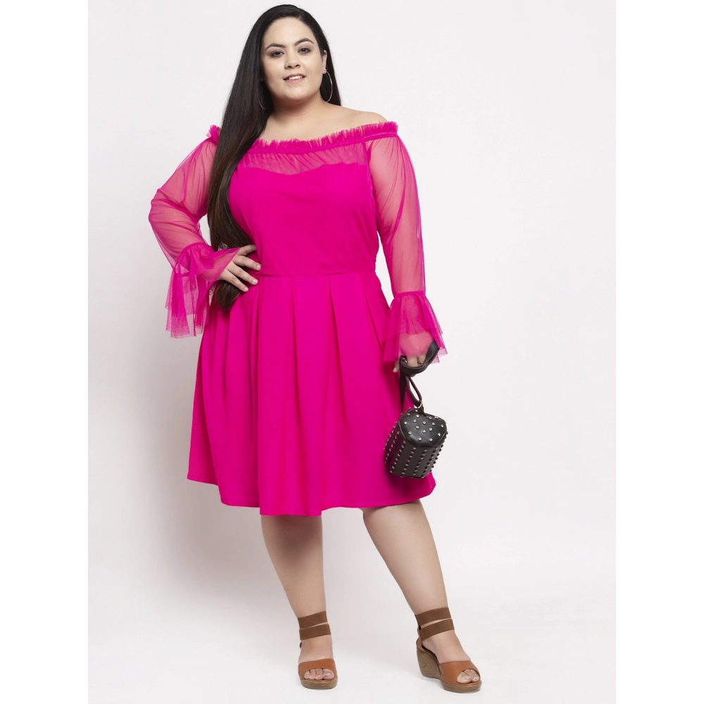Women's Crepe Solid Knee Length Fit and Flare Dress (Pink) - Image 4