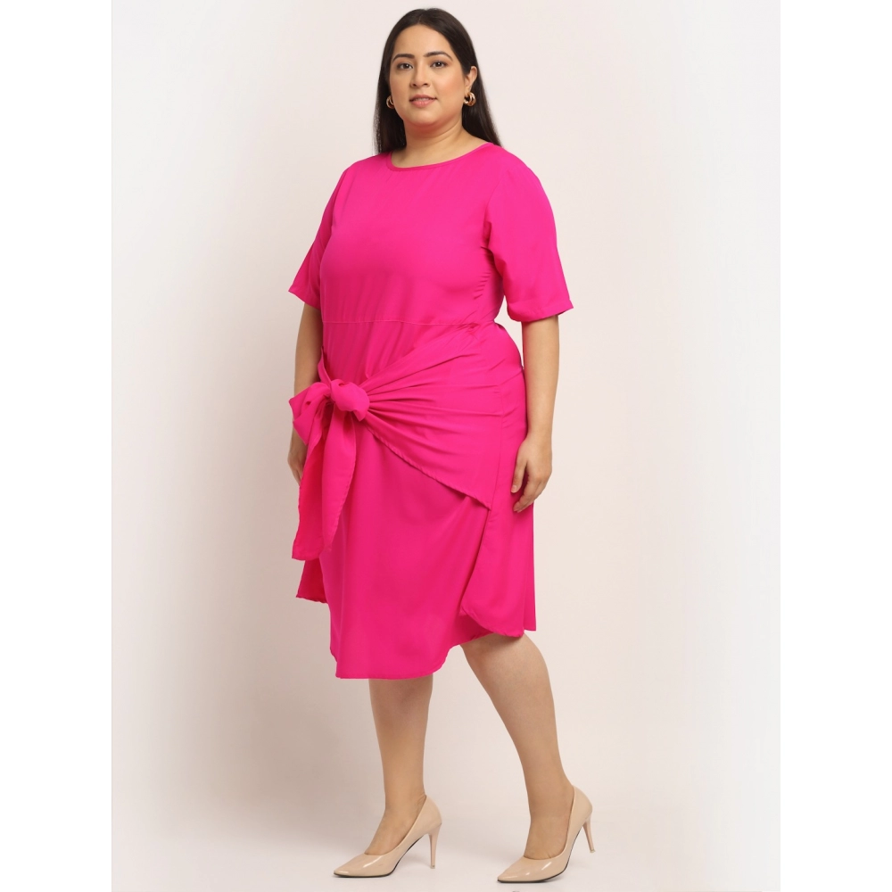 Women's Crepe Solid Knee Length Fit and Flare Dress (Pink) - Image 3