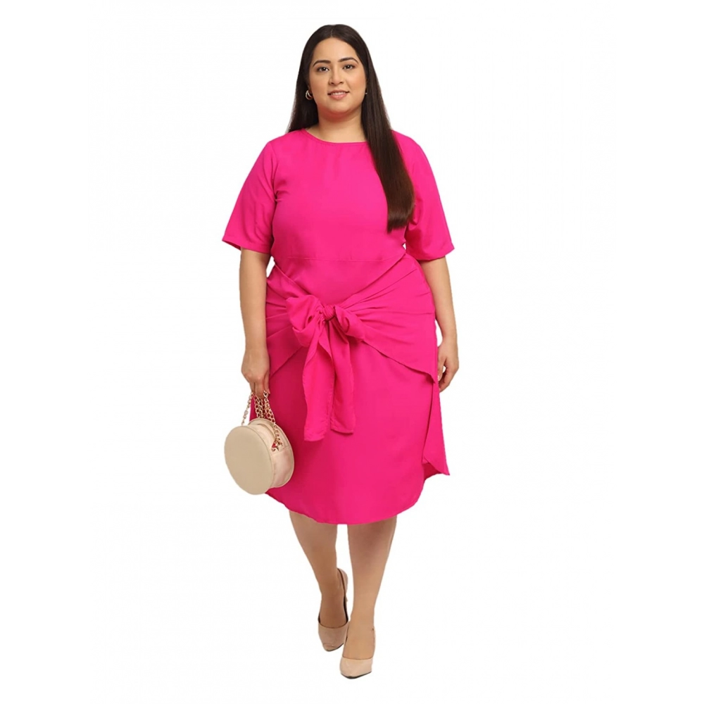 Women's Crepe Solid Knee Length Fit and Flare Dress (Pink) - Image 6
