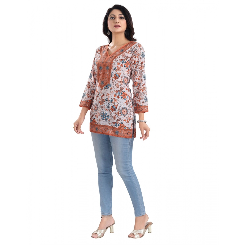 Women's 3/4th Sleeve Faux Crepe Tunic Short Top (Off White) - Image 2