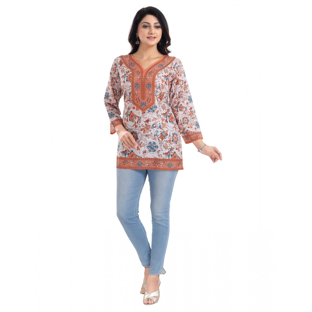 Women's 3/4th Sleeve Faux Crepe Tunic Short Top (Off White) - Image 4