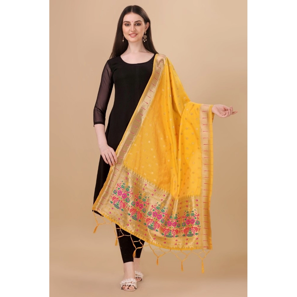 Women's Silk Pure Zari weaving Duppatta (Yellow, Length: 2-2.3 Mtrs) - Image 2