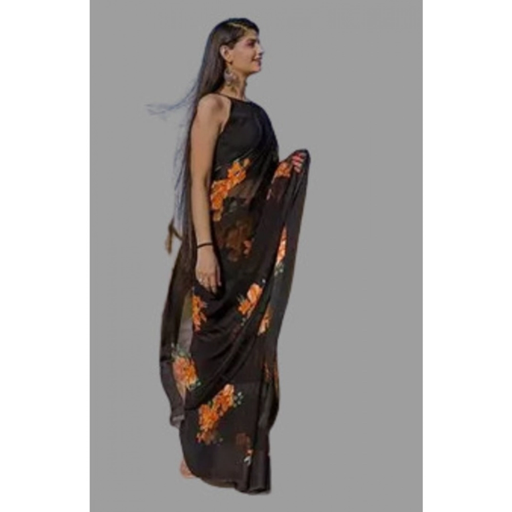 Women's Satin Patta Printed Saree With Unstitched Blouse (Orange) - Image 4