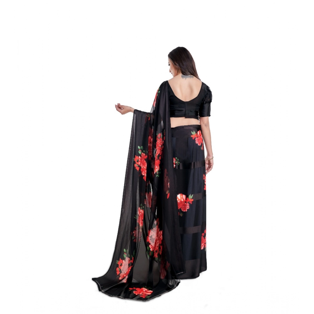 Women's Satin Patta Printed Saree With Unstitched Blouse (Red) - Image 2