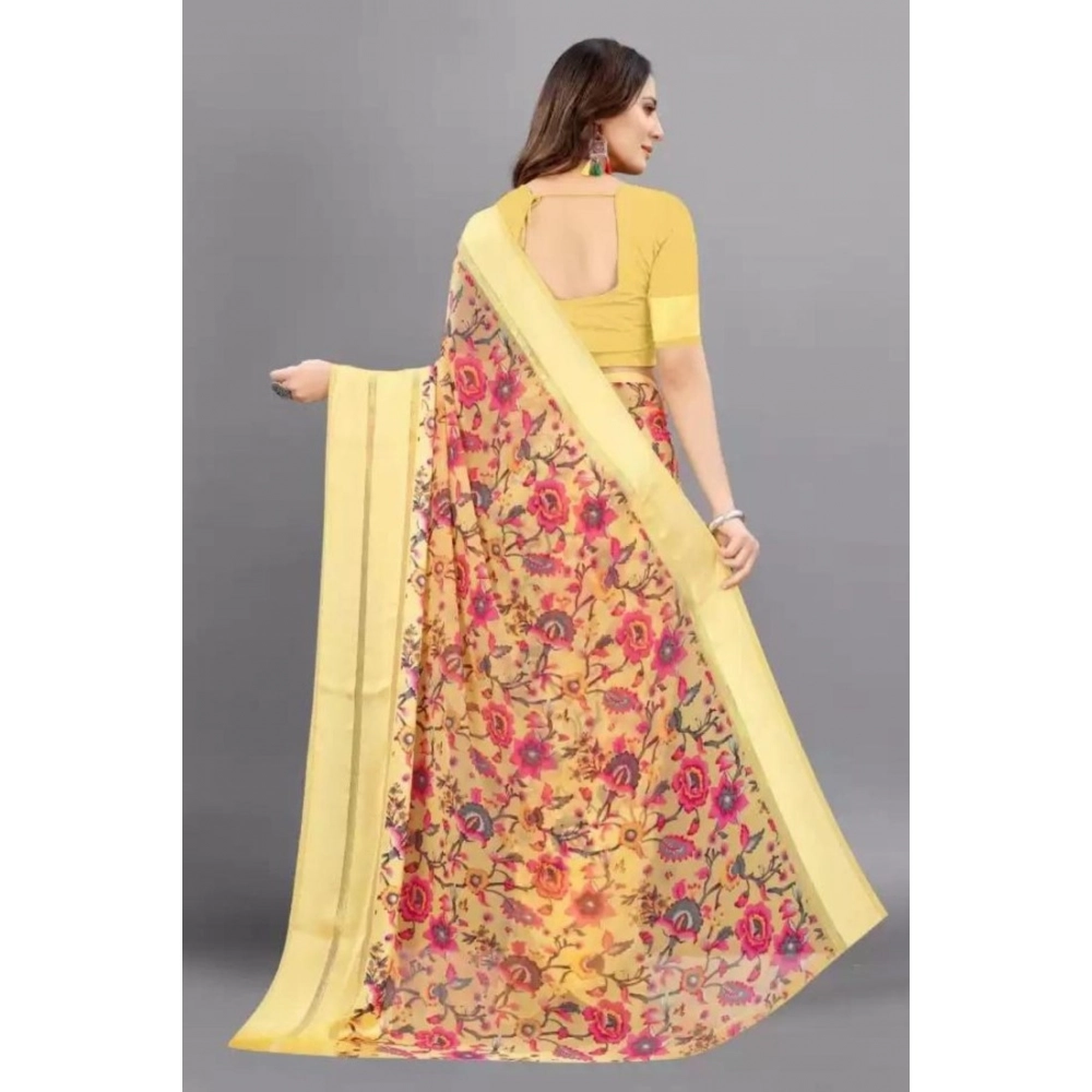 Women's Satin Patta Printed Saree With Unstitched Blouse (Yellow) - Image 2