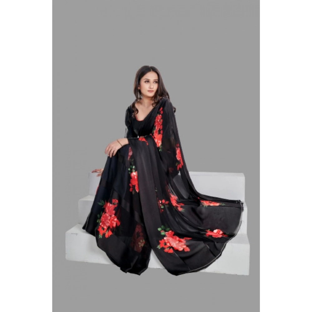 Women's Satin Patta Printed Saree With Unstitched Blouse (Red) - Image 4