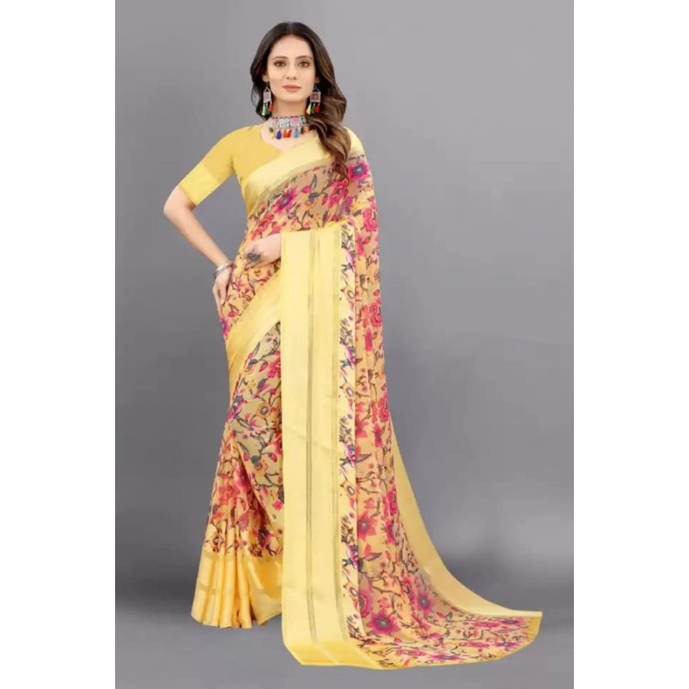 Women's Satin Patta Printed Saree With Unstitched Blouse (Yellow) - Image 4