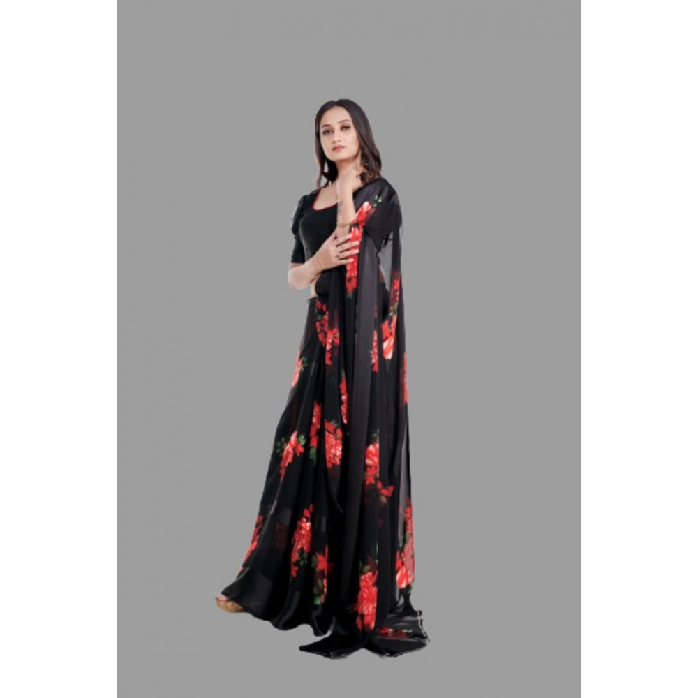 Women's Satin Patta Printed Saree With Unstitched Blouse (Red) - Image 3