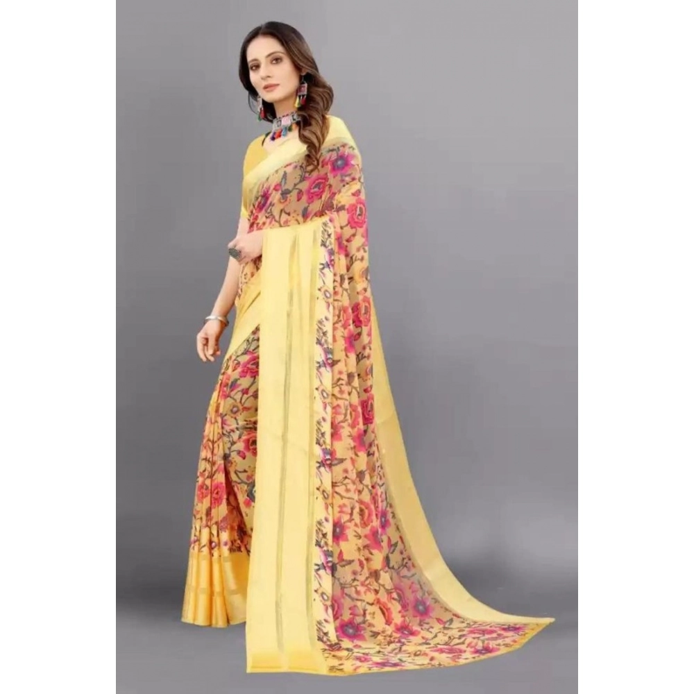 Women's Satin Patta Printed Saree With Unstitched Blouse (Yellow) - Image 5