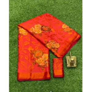 Women's Viscose Rayon Printed Saree With Unstitched Blouse (Red)