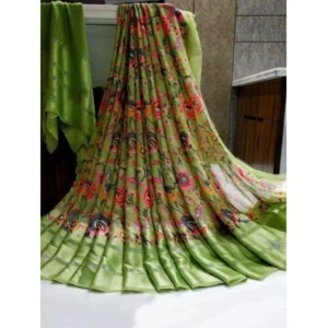 Women's Satin Patta Printed Saree With Unstitched Blouse (Green)