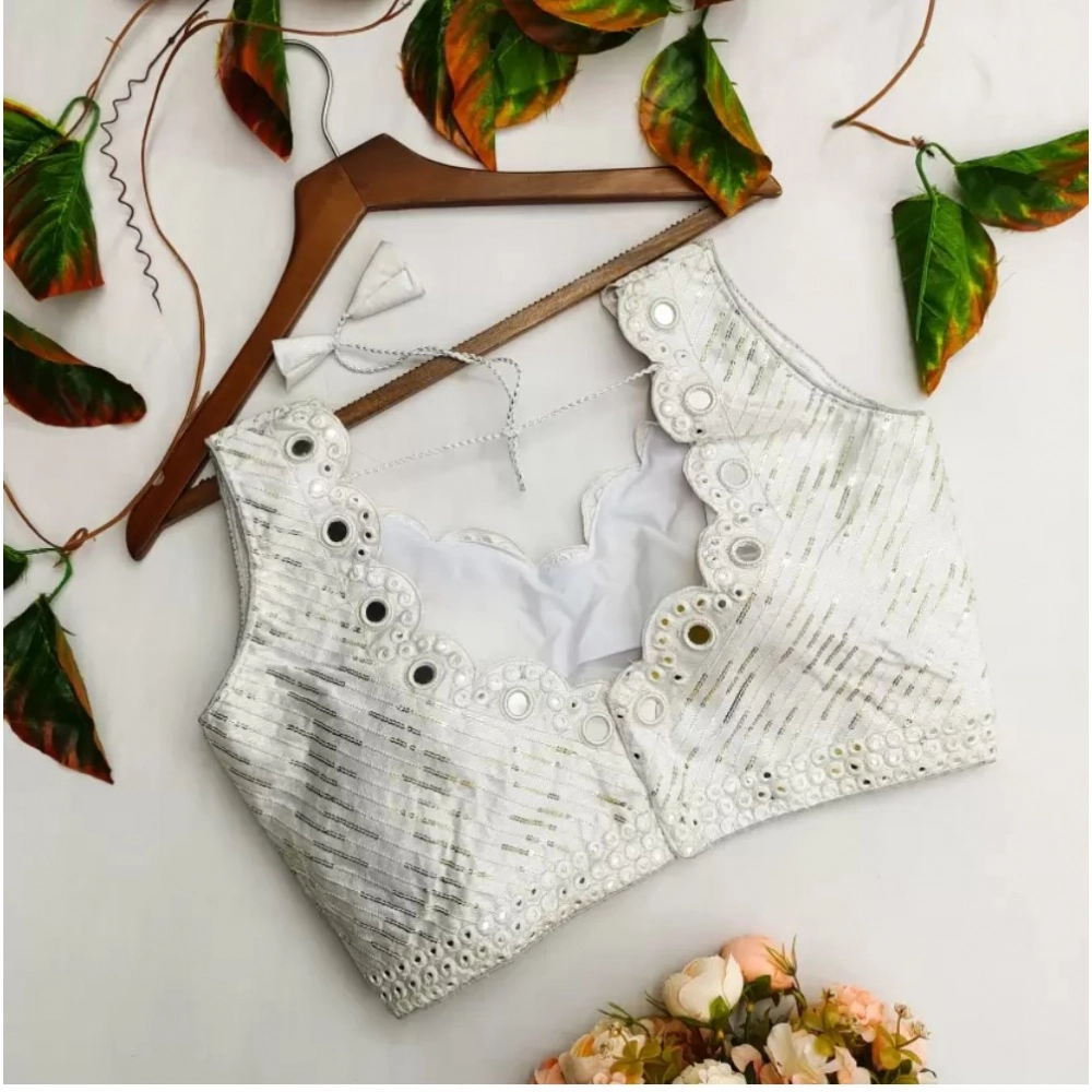 Women's Cotton Silk Embellished Padded Cup Readymade Blouse (White, Size: Free Size) - Image 2