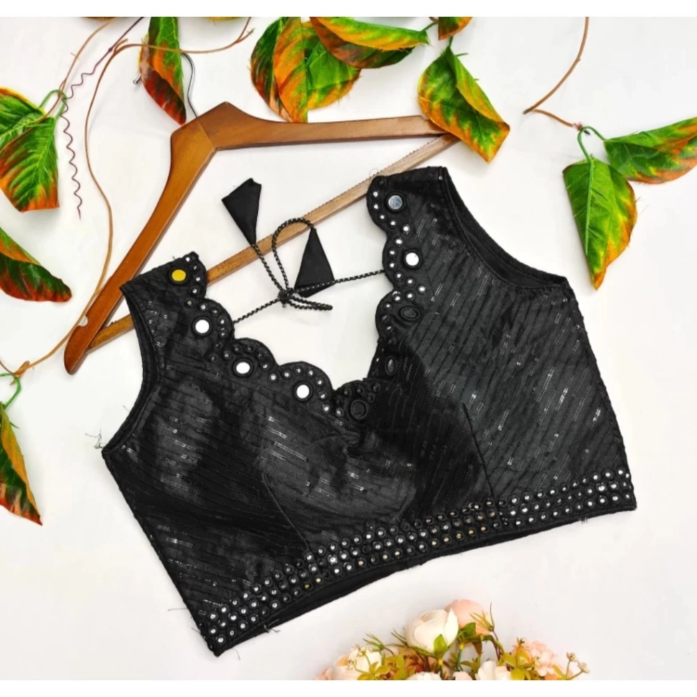 Women's Cotton Silk Embellished Padded Cup Readymade Blouse (Black, Size: Free Size)