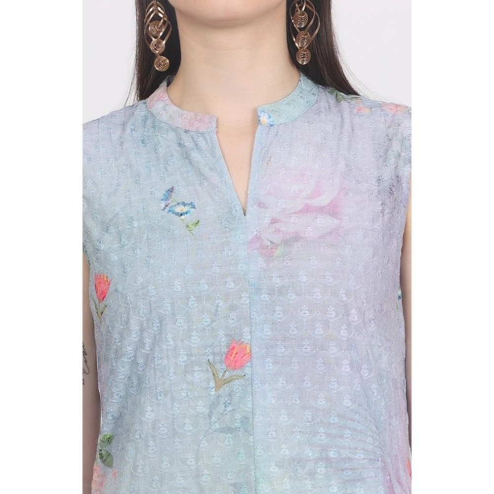 Women's Casual Sleeveless Cotton Blend Printed Kurti (Green) - Image 2