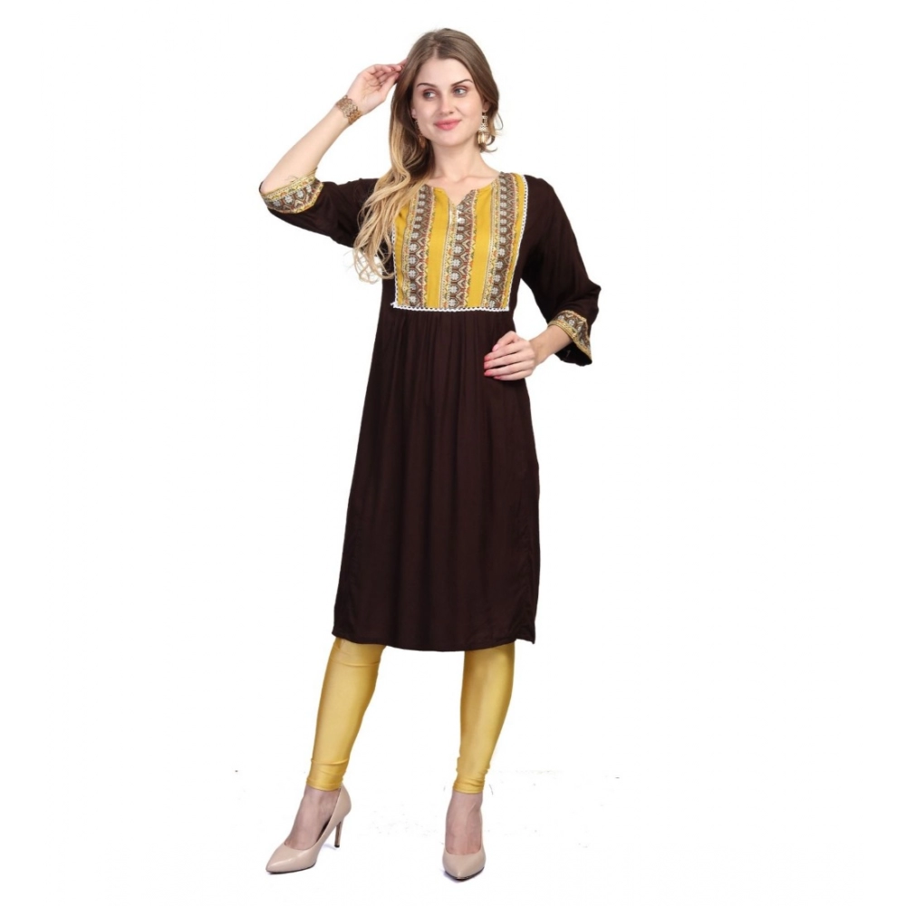 Women's Casual 3/4 Sleeve Viscose Rayon Printed Kurti (Brown)