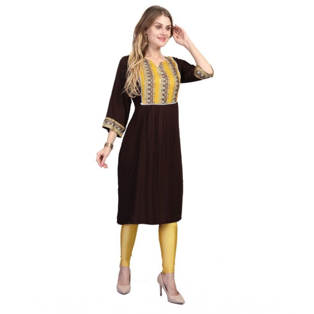 Women's Casual 3/4 Sleeve Viscose Rayon Printed Kurti (Brown) - Image 3