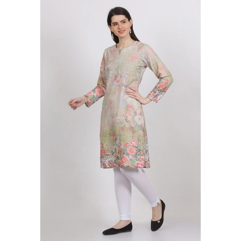Women's Casual 3/4 Sleeve Silk Blend Printed Kurti (Yellow) - Image 3
