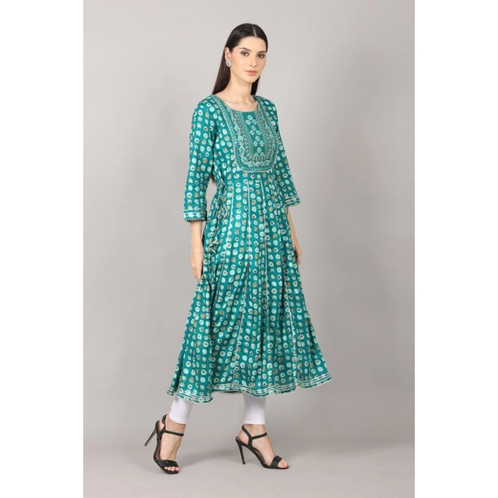 Women's Casual 3/4 Sleeve Cotton Blend Printed Kurti (Light Blue) - Image 3