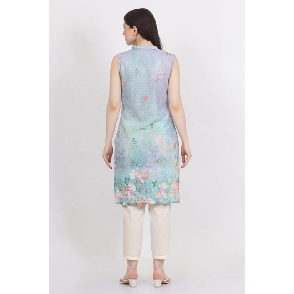 Women's Casual Sleeveless Cotton Blend Printed Kurti (Green) - Image 5