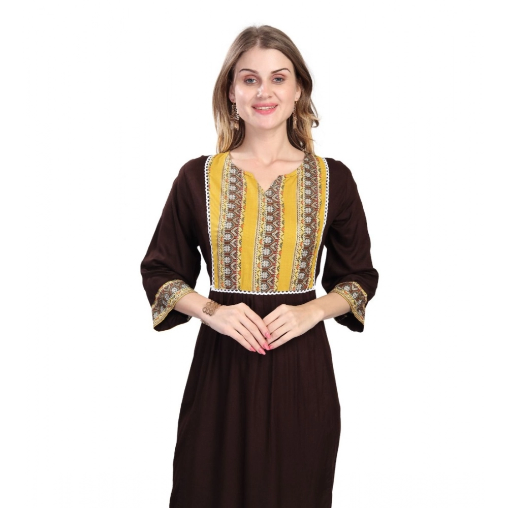 Women's Casual 3/4 Sleeve Viscose Rayon Printed Kurti (Brown) - Image 2