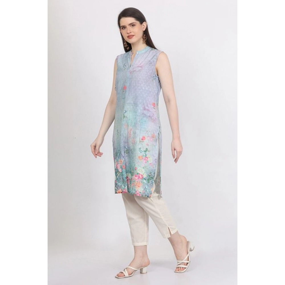 Women's Casual Sleeveless Cotton Blend Printed Kurti (Green) - Image 3