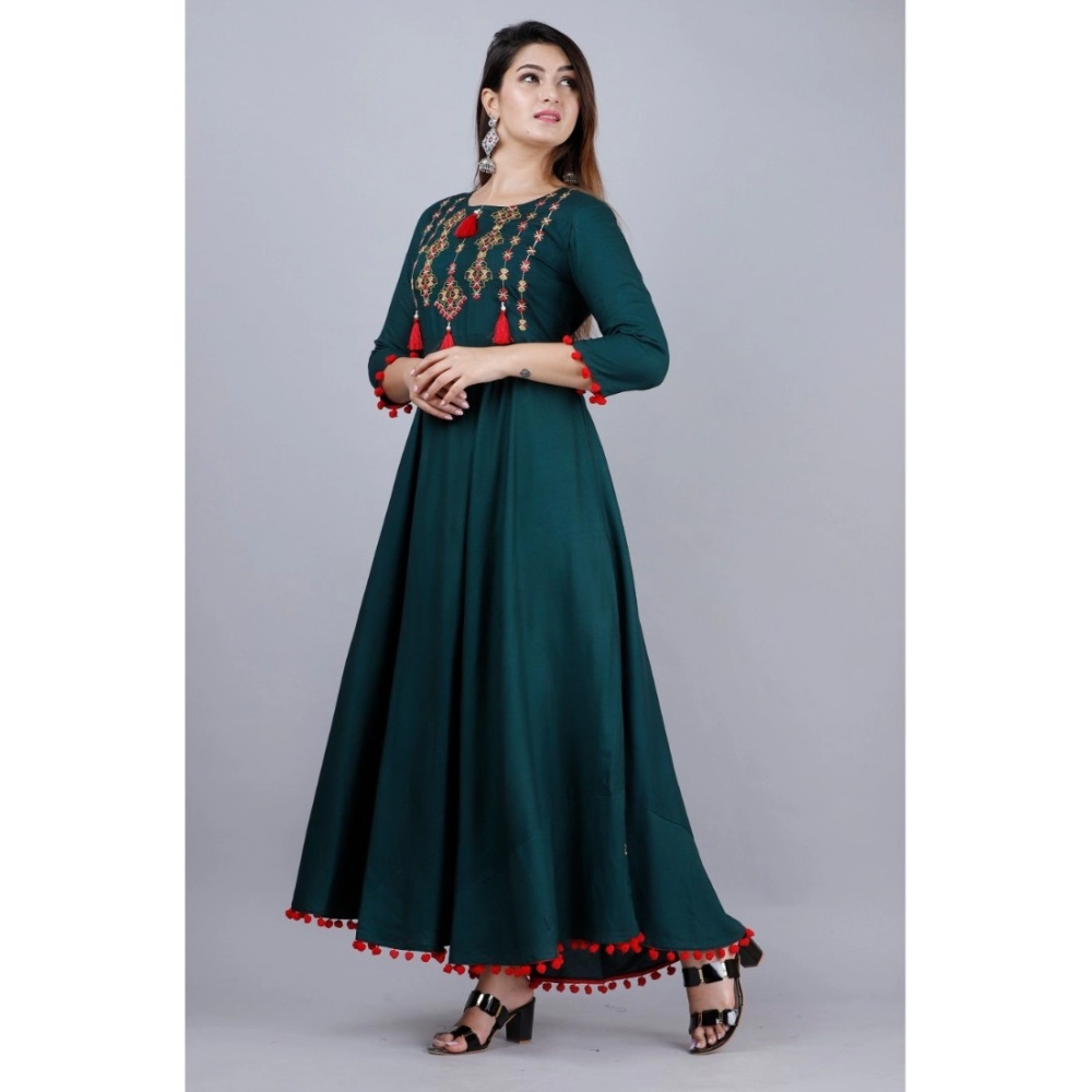 Women's Casual 3/4th Sleeve Embroidered Viscose Rayon Kurta (Bottle Green) - Image 3