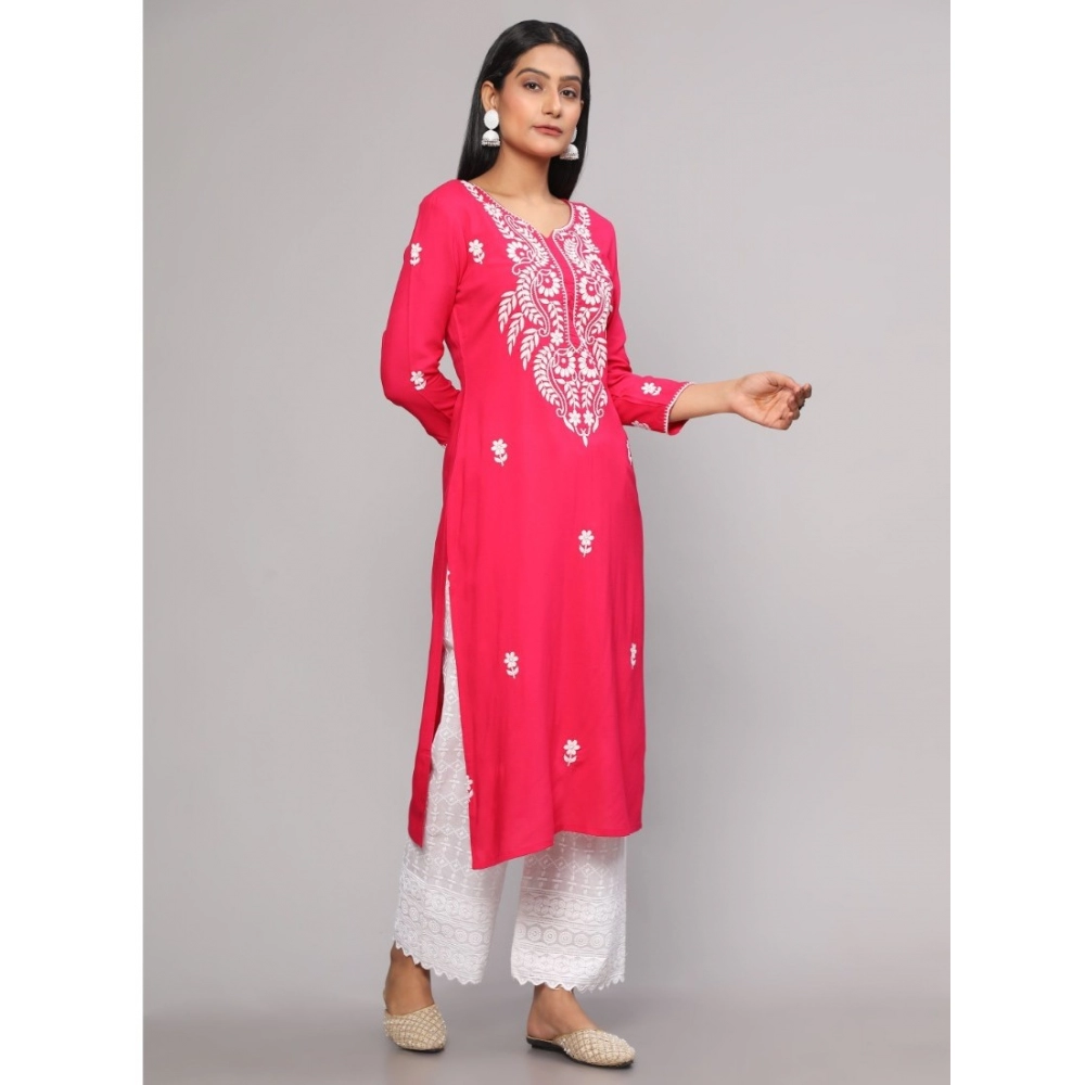 Women's Casual 3/4th Sleeve Embroidered Georgette Kurti (Pink) - Image 2