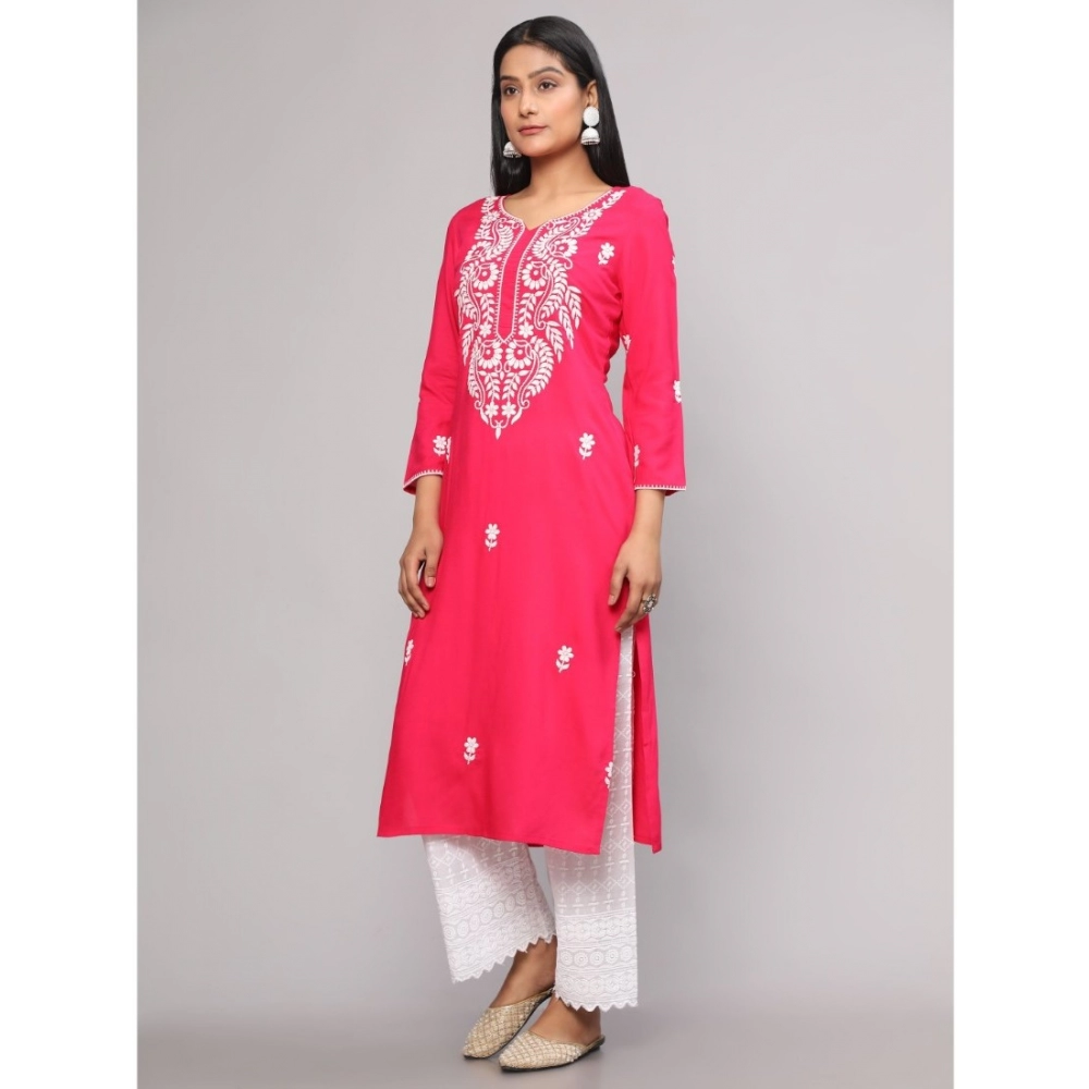 Women's Casual 3/4th Sleeve Embroidered Georgette Kurti (Pink) - Image 3