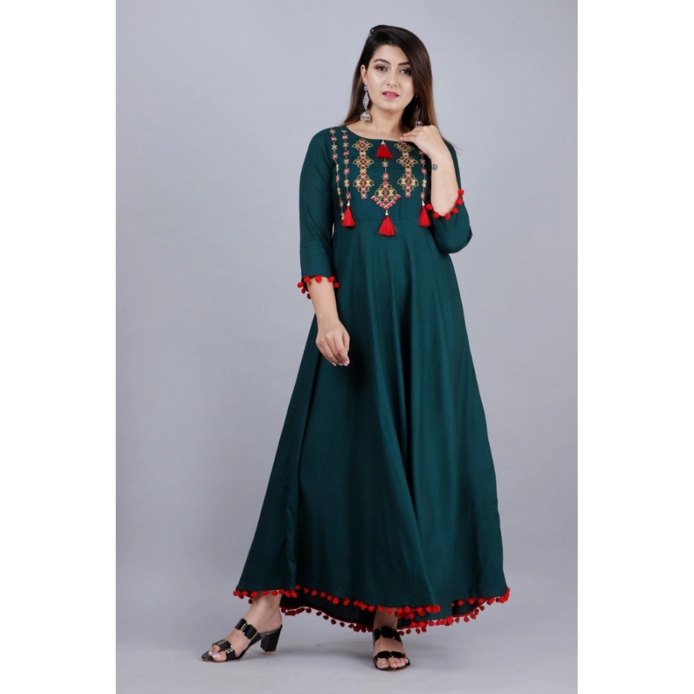 Women's Casual 3/4th Sleeve Embroidered Viscose Rayon Kurta (Bottle Green) - Image 2
