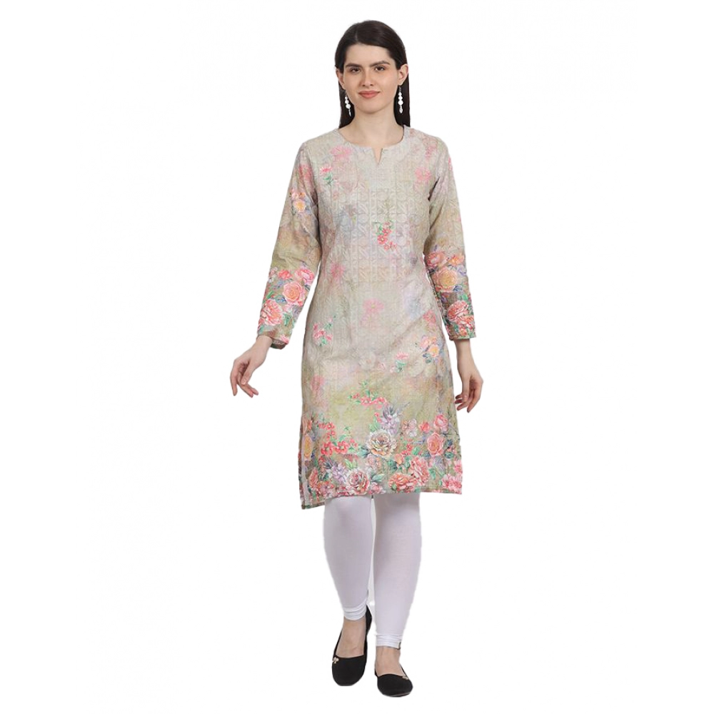 Women's Casual 3/4 Sleeve Silk Blend Printed Kurti (Yellow)