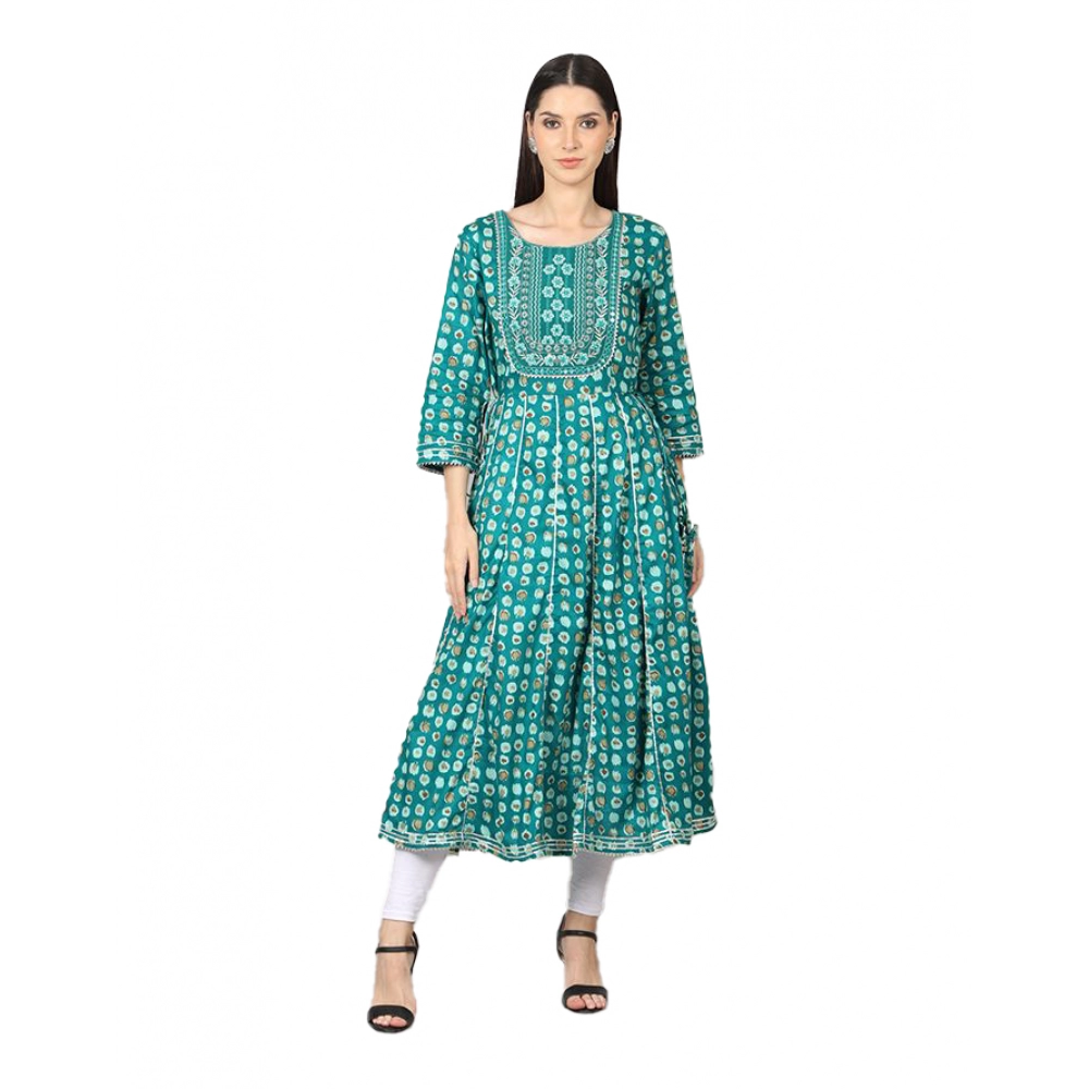 Women's Casual 3/4 Sleeve Cotton Blend Printed Kurti (Light Blue)