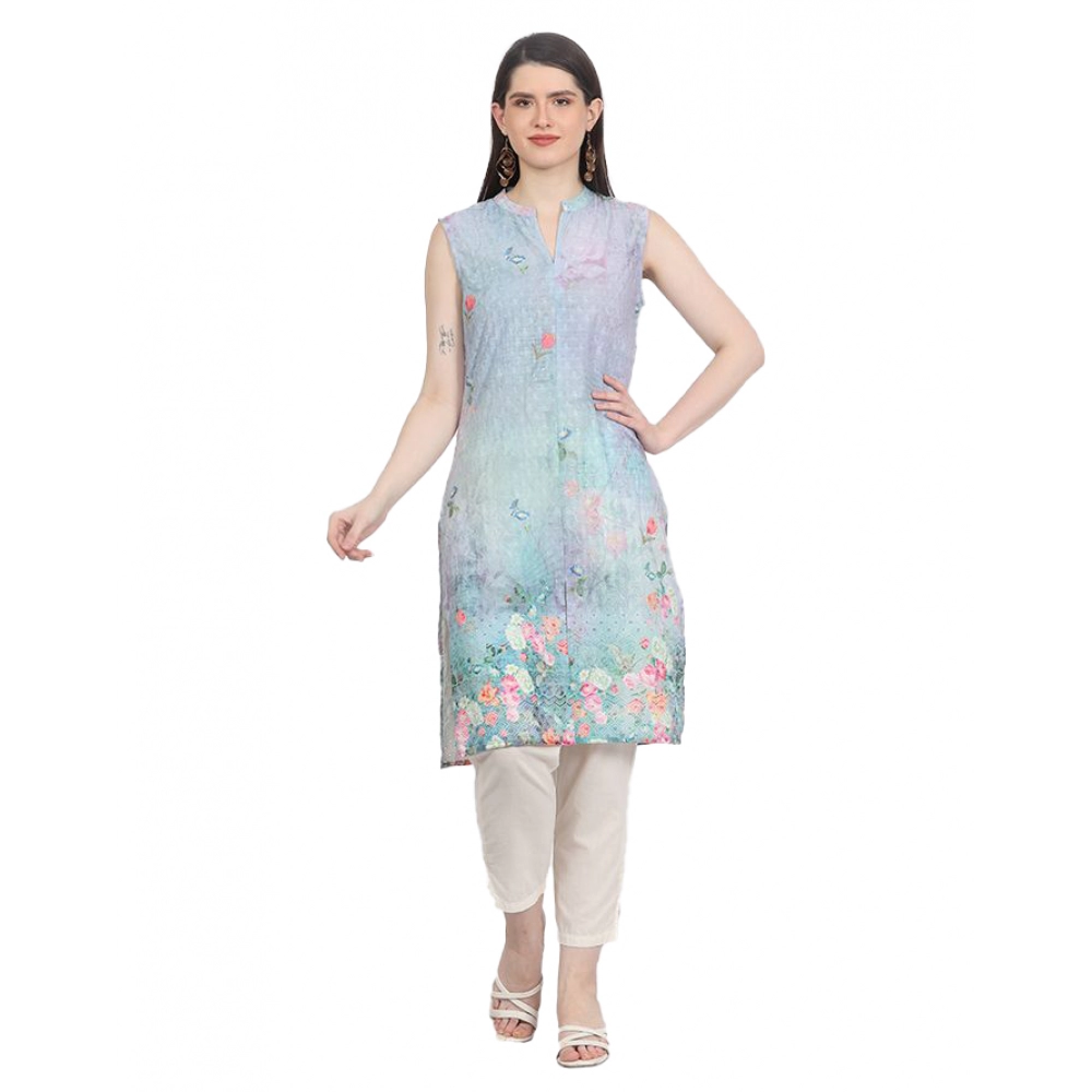 Women's Casual Sleeveless Cotton Blend Printed Kurti (Green)