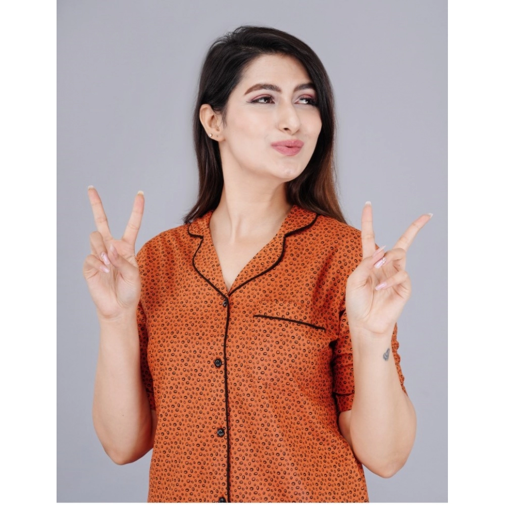 Generic Women's Casual Half Sleeve Printed Viscose Rayon Shirt With Pyjama Pant Night Suit Set (Brown) - Image 3