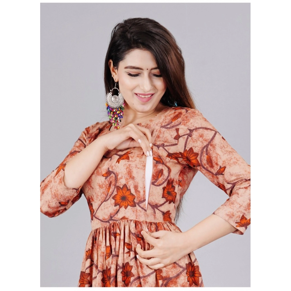 Women's Casual 3/4 Sleeve Printed Viscose Maternity Feeding Kurti (Brown) - Image 4