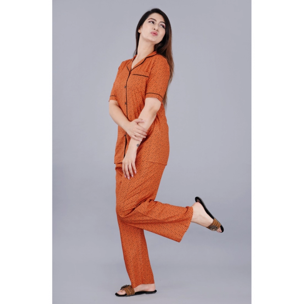 Generic Women's Casual Half Sleeve Printed Viscose Rayon Shirt With Pyjama Pant Night Suit Set (Brown) - Image 6