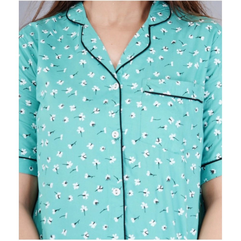 Generic Women's Casual Half Sleeve Printed Viscose Rayon Shirt With Pyjama Pant Night Suit Set (Green) - Image 3