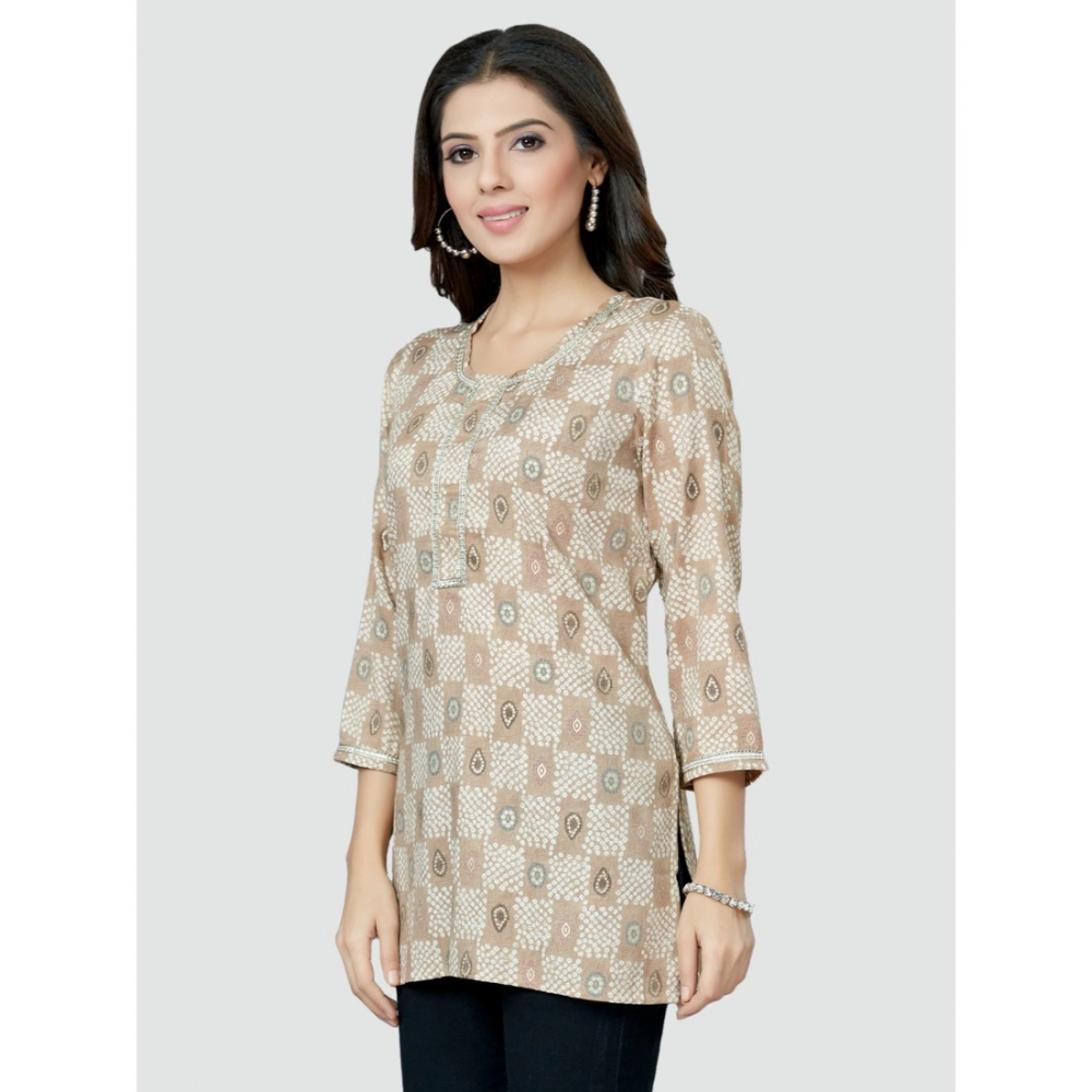 Women's Casual 3/4 Sleeves Printed Rayon Short Top (Beige) - Image 2
