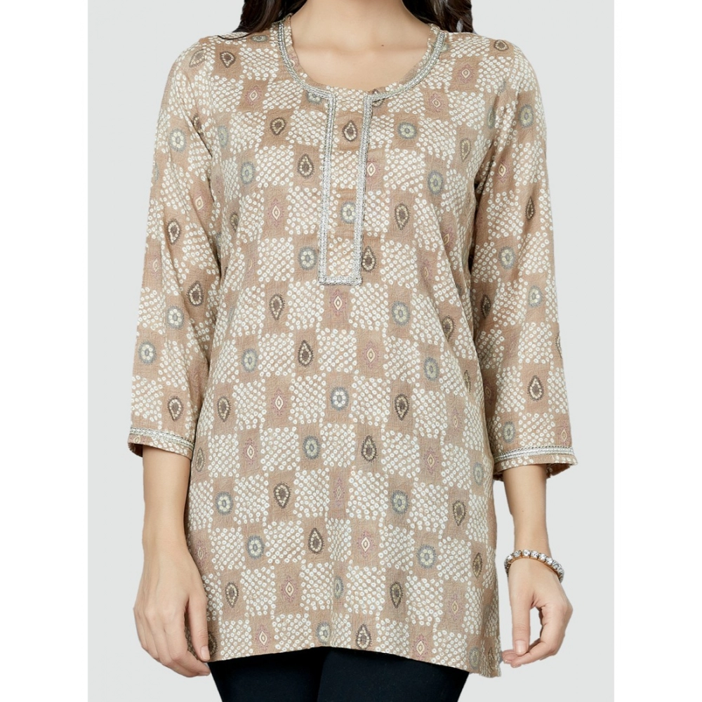 Women's Casual 3/4 Sleeves Printed Rayon Short Top (Beige) - Image 4