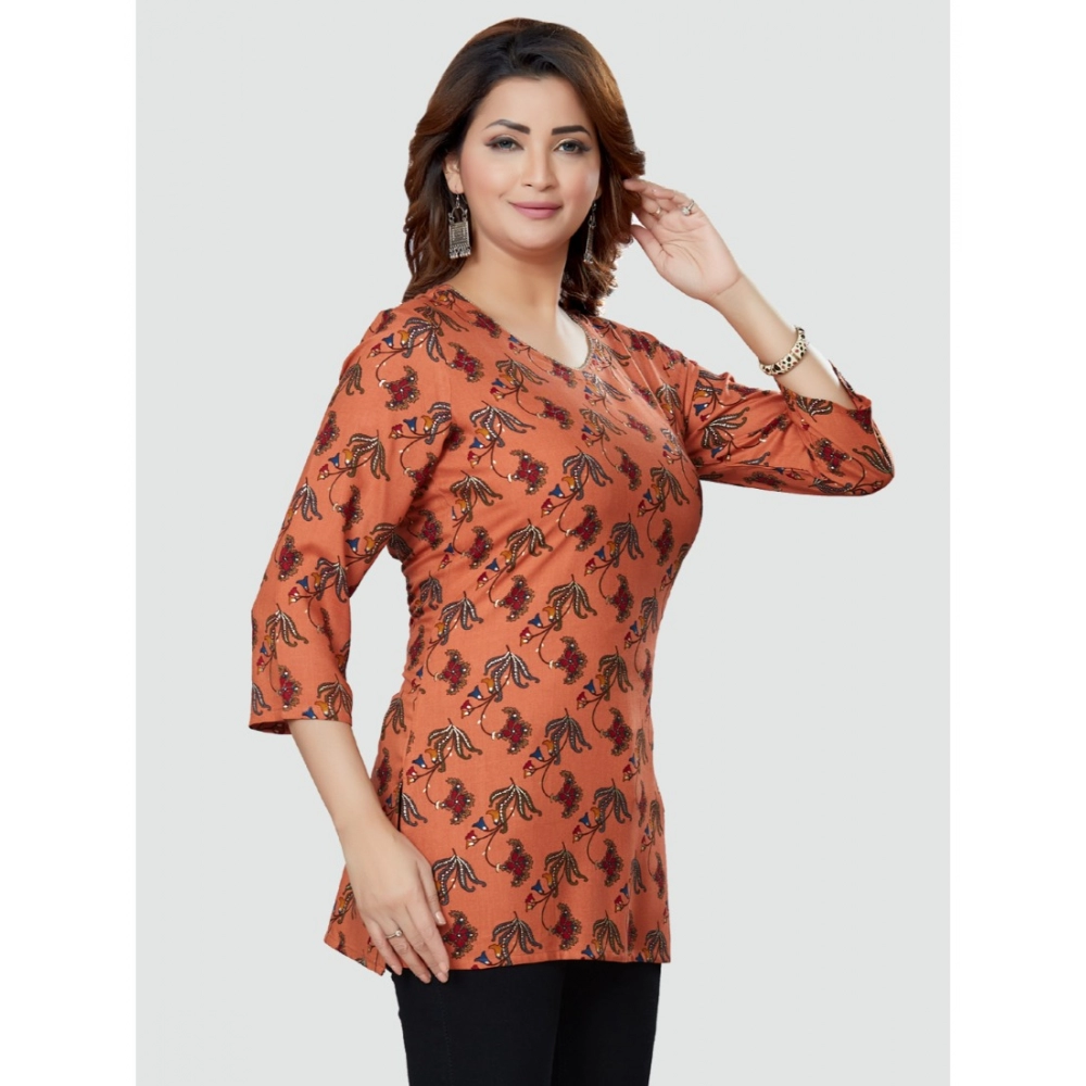 Women's Casual 3/4 Sleeves Printed Rayon Short Top (Peach) - Image 5