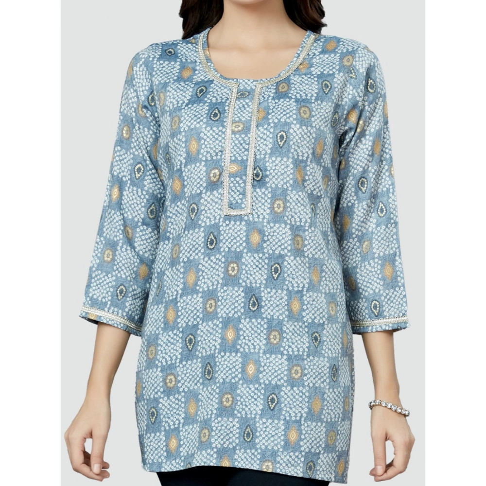 Women's Casual 3/4 Sleeves Printed Rayon Short Top (Blue) - Image 4