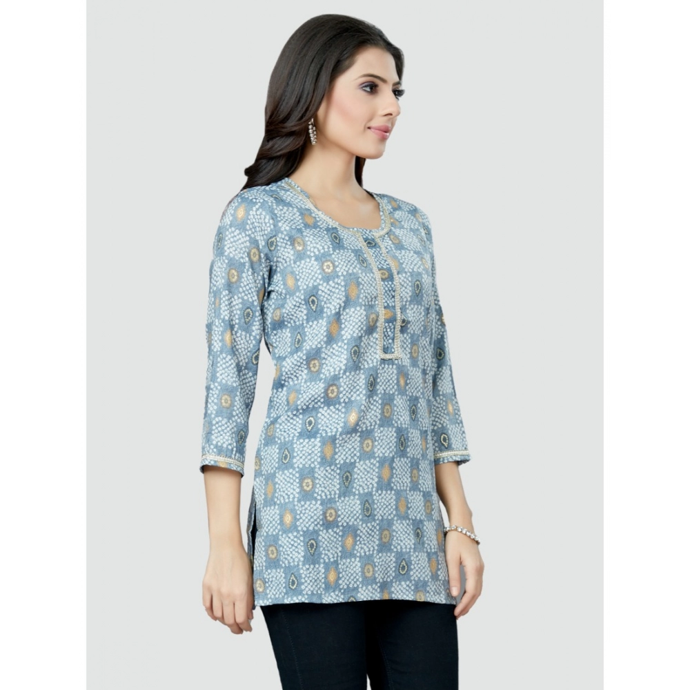Women's Casual 3/4 Sleeves Printed Rayon Short Top (Blue) - Image 3