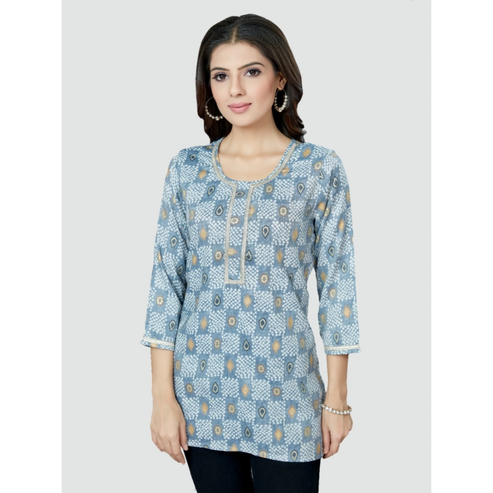 Women's Casual 3/4 Sleeves Printed Rayon Short Top (Blue) - Image 5