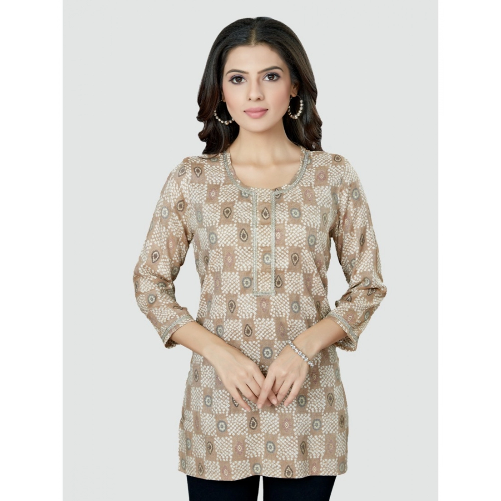 Women's Casual 3/4 Sleeves Printed Rayon Short Top (Beige) - Image 5