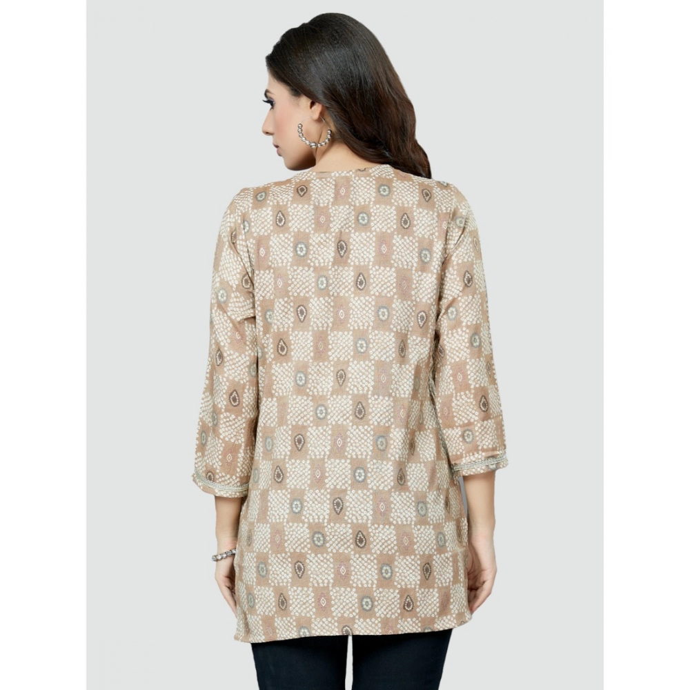 Women's Casual 3/4 Sleeves Printed Rayon Short Top (Beige) - Image 7