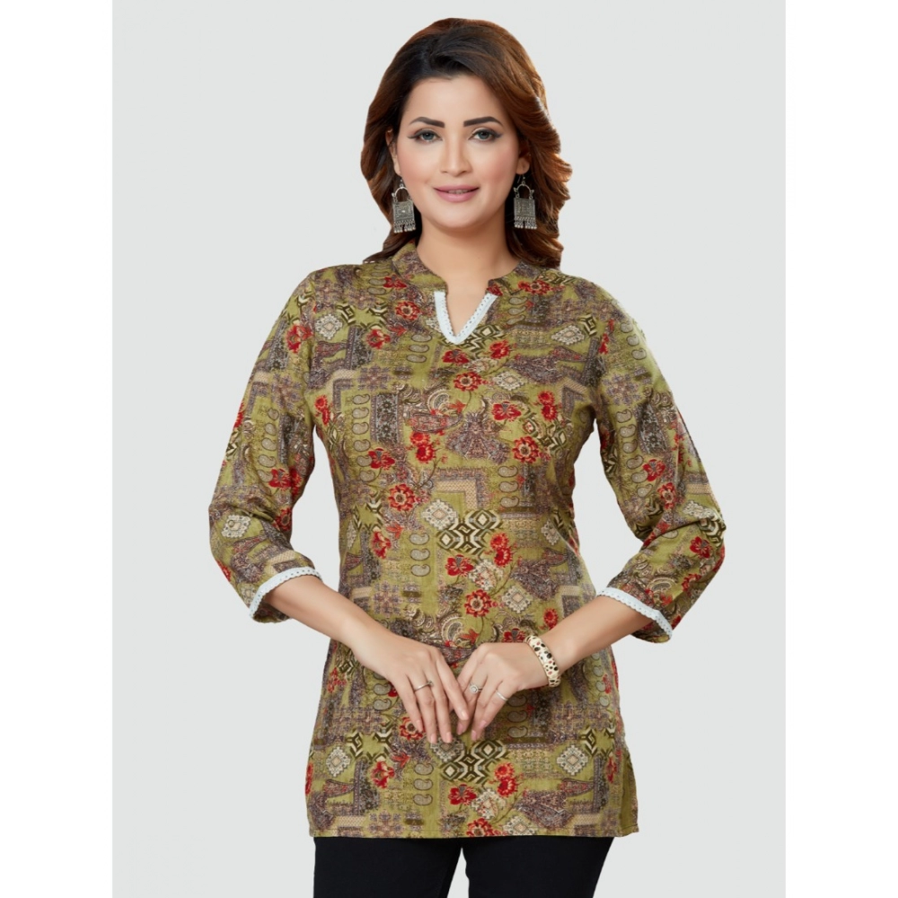 Women's Casual 3/4 Sleeves Printed Rayon Short Top (Beige) - Image 2