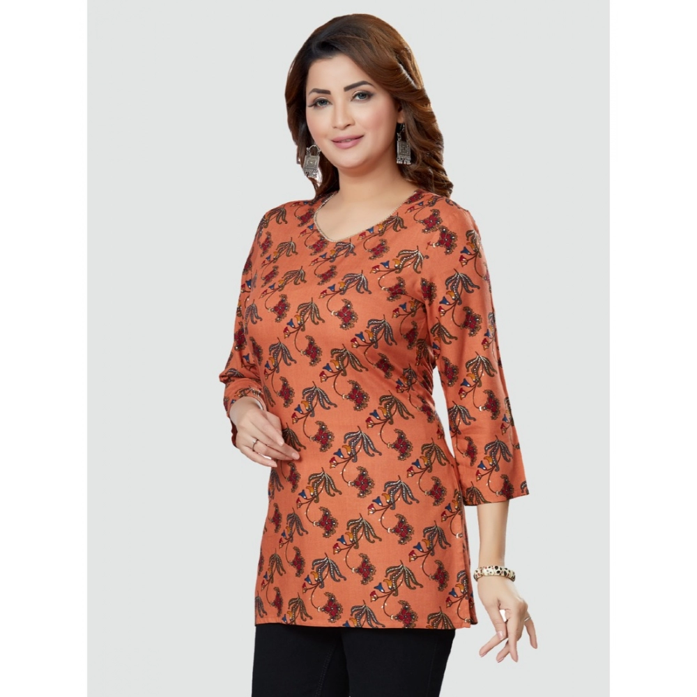 Women's Casual 3/4 Sleeves Printed Rayon Short Top (Peach) - Image 2