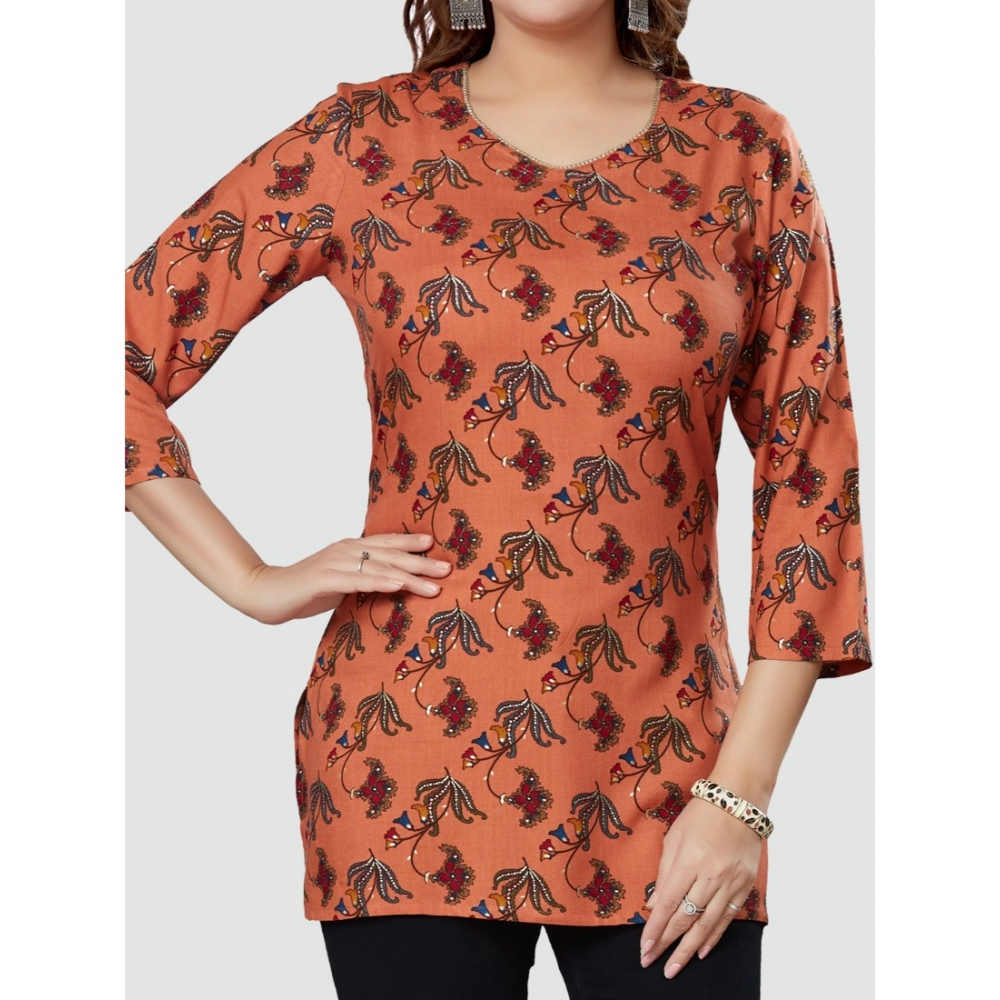 Women's Casual 3/4 Sleeves Printed Rayon Short Top (Peach) - Image 3