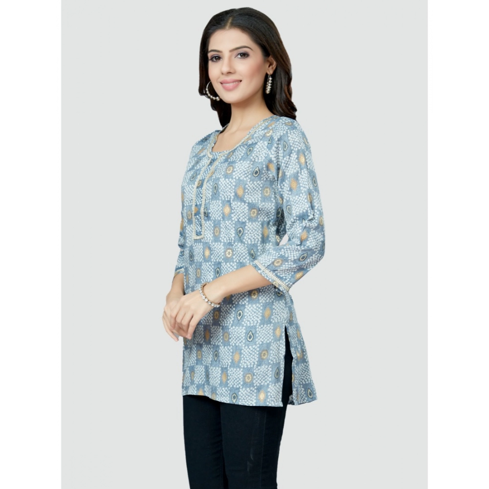 Women's Casual 3/4 Sleeves Printed Rayon Short Top (Blue) - Image 2