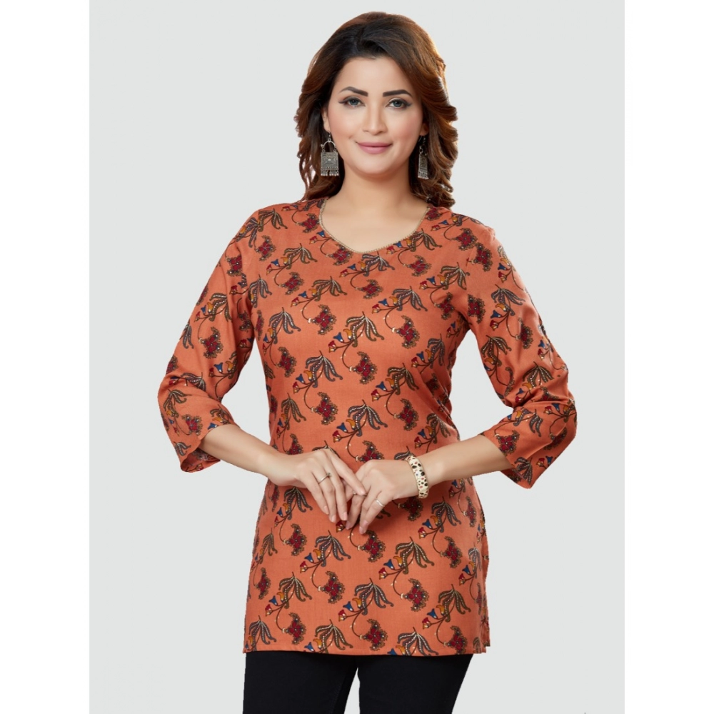 Women's Casual 3/4 Sleeves Printed Rayon Short Top (Peach) - Image 4